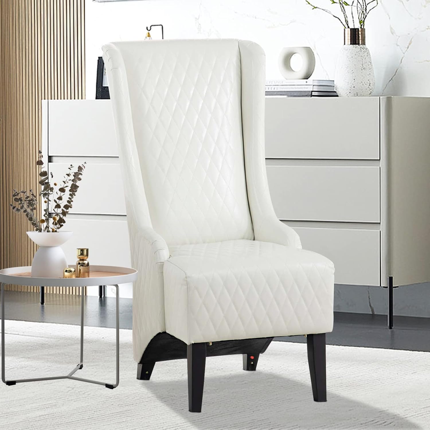 Dining Chair High Back Living Room Chairs Faux Leather Quilted Fabric Accent Chairs 23" Wide Wing Armless Side Chair Tufted Thicken Padding Throne Chair (White)
