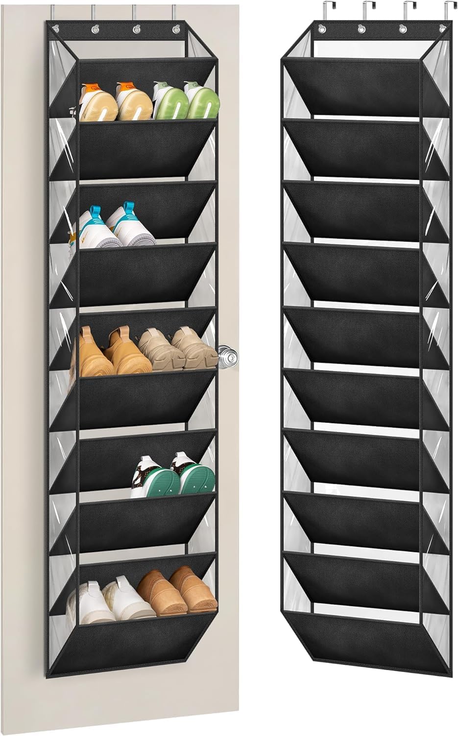 MISSLO 10 Tier Over Door Shoe Storage Organiser Hanging Shoe Rack Clear Deep Pockets Large Shoe Holder Back of Door, Fit 20 Pairs Shoe Organizer for Sneakers, Boots (Black)