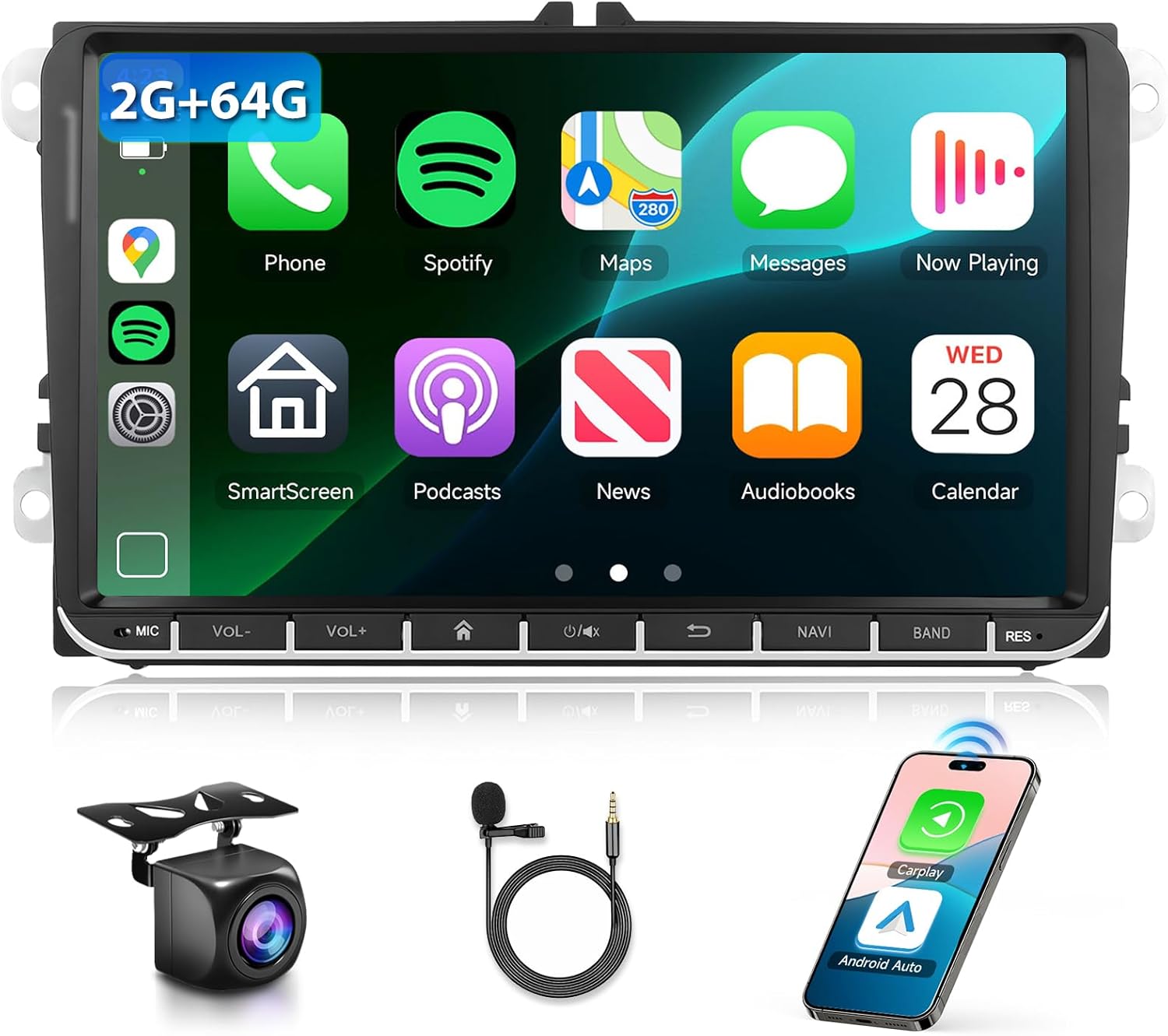 Podofo 2G+64G for VW Passat Tiguan Golf Jetta T5 EOS Polo Skoda Car Stereo with Wireless Carplay Android Auto, 9" Touch Screen Bluetooth Car Radio Support Navigation WiFi FM SWC+Backup Camera
