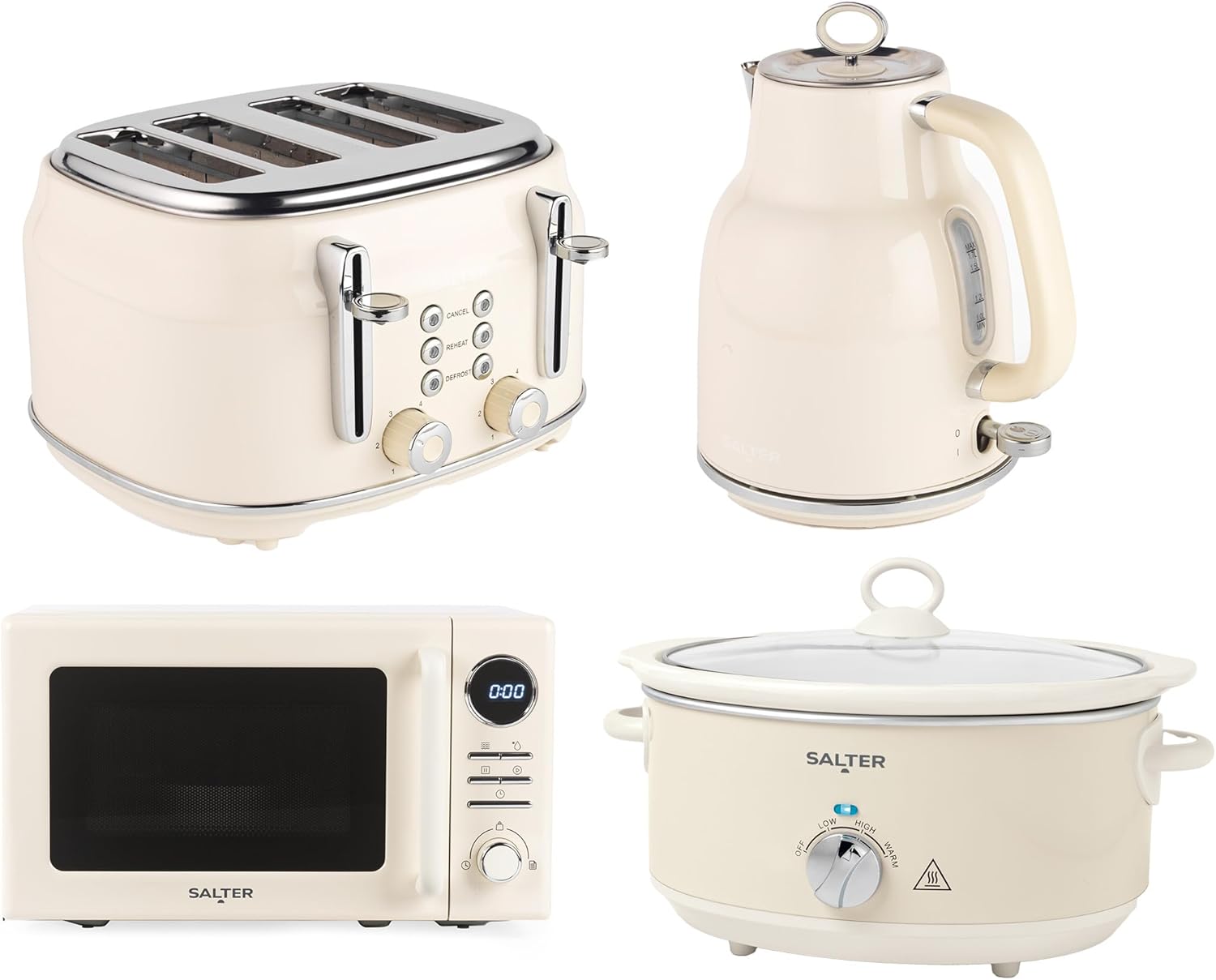 Salter Retro Cream Kitchen Set – 1.7L 3kW Kettle, 4-Slice Toaster with 6 Browning Levels, 20L Digital Microwave Oven with 25.5 cm Glass Turntable, Slow Cooker with 3 Heat Settings & Tempered Glass Lid
