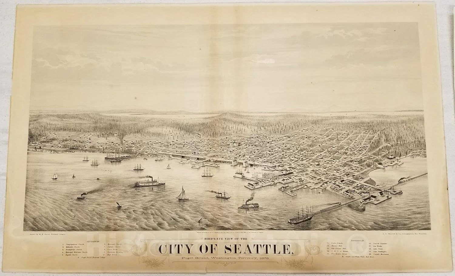 Historic Map : Bird's-Eye View of The City of Seattle, Puget Sound, Washington Territory, 1878, 1878, Eli Sheldon Glover, v1, Vintage Wall Art : 72in x 44in