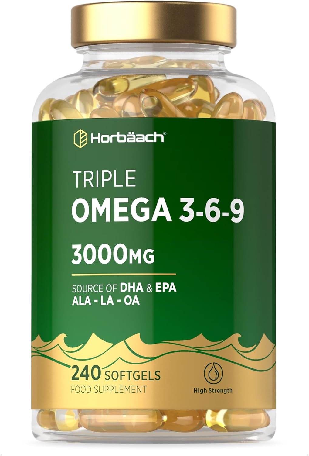 Triple Omega 3 6 9 Capsules 3000mg ALA, LA & OA | 240 Count | High Strength EPA & DHA Essential Fatty Acids | Supplement with Fish Oil, Flaxseed & Sunflower Oil | by Horbaach