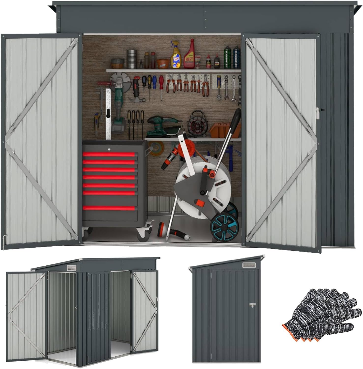 TANGZON 8 x 4FT Metal Garden Shed, Heavy Duty Galvanized Steel Outdoor Tool Storage House with 2 Doors, Top Sloping Design, Air Vents, Trash Can Bike Tool Toy Utility Gardening Shed Box for Patio Lawn