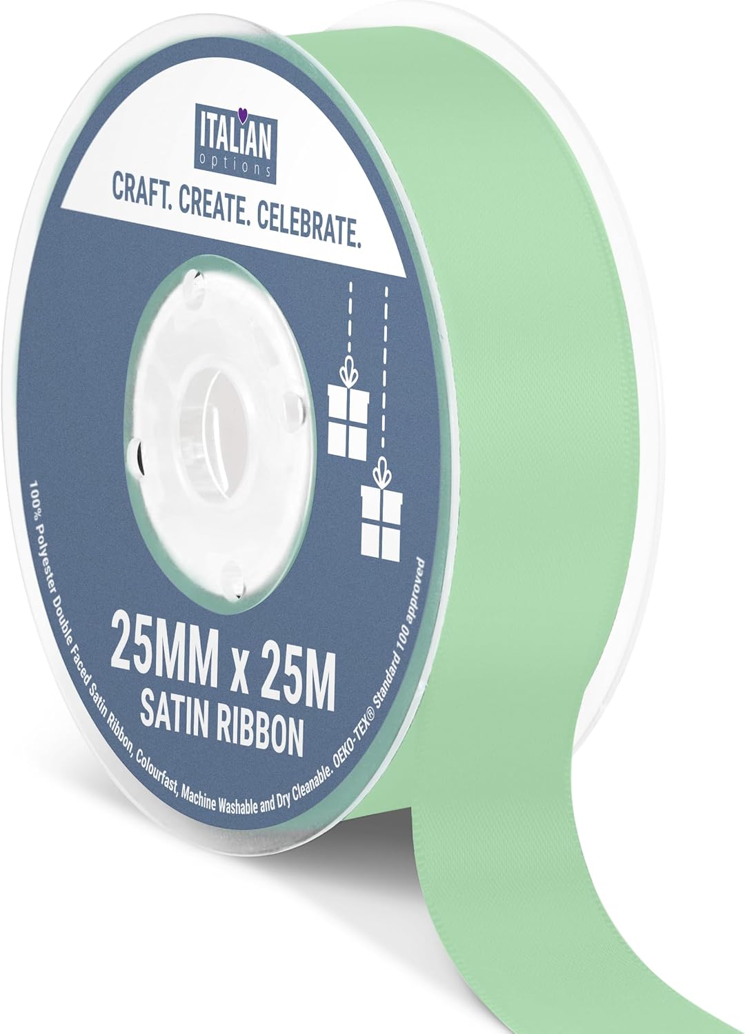 Italian Options Satin Ribbon, Fabric Ribbons for Gift Wrapping, Crafting, Balloons, Wedding Car, Presents, Cake, Christmas, Birthday, Gift Wrap Accessories, 25mm Wide x 25 Metre Roll, Sage Green