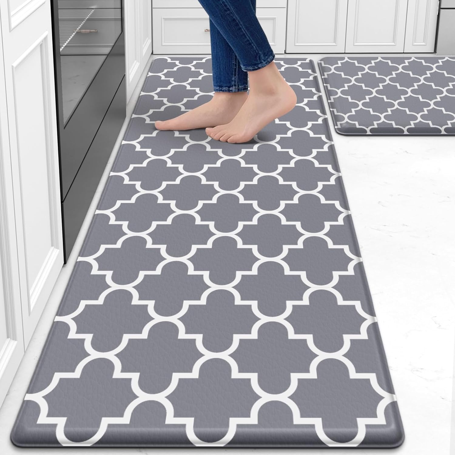 KMAT Kitchen Mat [2 PCS] Cushioned Anti-Fatigue Kitchen Rug, Waterproof Non-Slip Kitchen Mats and Rugs Heavy Duty PVC Ergonomic Comfort Foam Rug for Kitchen, Floor Home, Office, Sink, Laundry,Grey