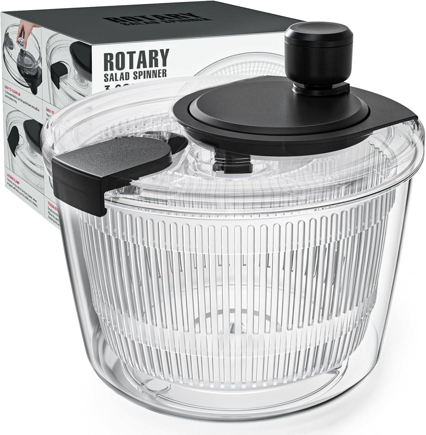 Cambom Salad Spinner Lettuce Spinner, Wash, Spin & Dry Salad Greens, Vegetable Washer Salad Dryer With Rotary Handle for Fruits & Vegetables, High Efficiency Vegetable Spinner Kitchen Gadget 3Qt Black