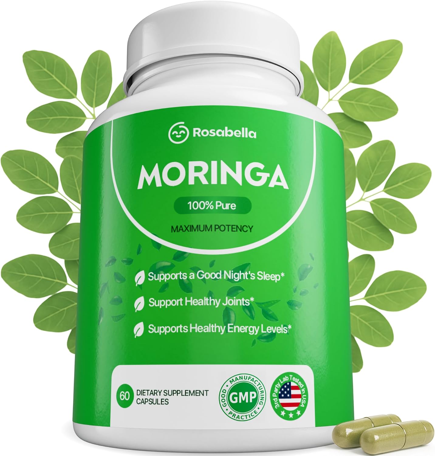 Rosabella Moringa Capsules - Pure Moringa Powder, Energy, Skin, Immune & Gut Health Superfood, Rich in Antioxidants, Essential Vitamins & Amino Acids, Natural Green Superfood Supplement - 60 Count