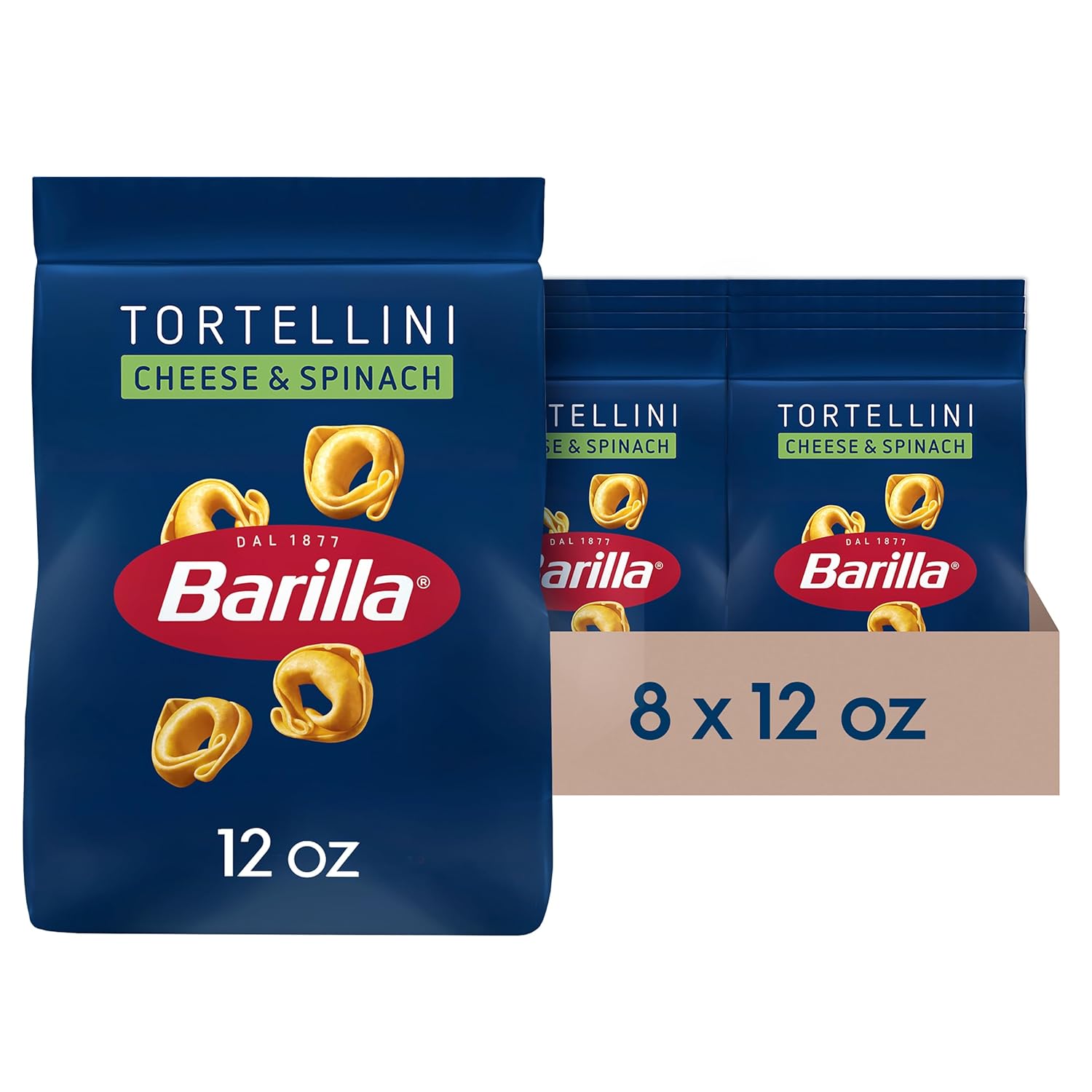 BARILLA Cheese & Spinach Tortellini Pasta, 12 oz. Bag (Pack of 8) - 6 Servings Per Bag - Pantry Friendly Dried Tortellini - Made with Non-GMO Ingredients