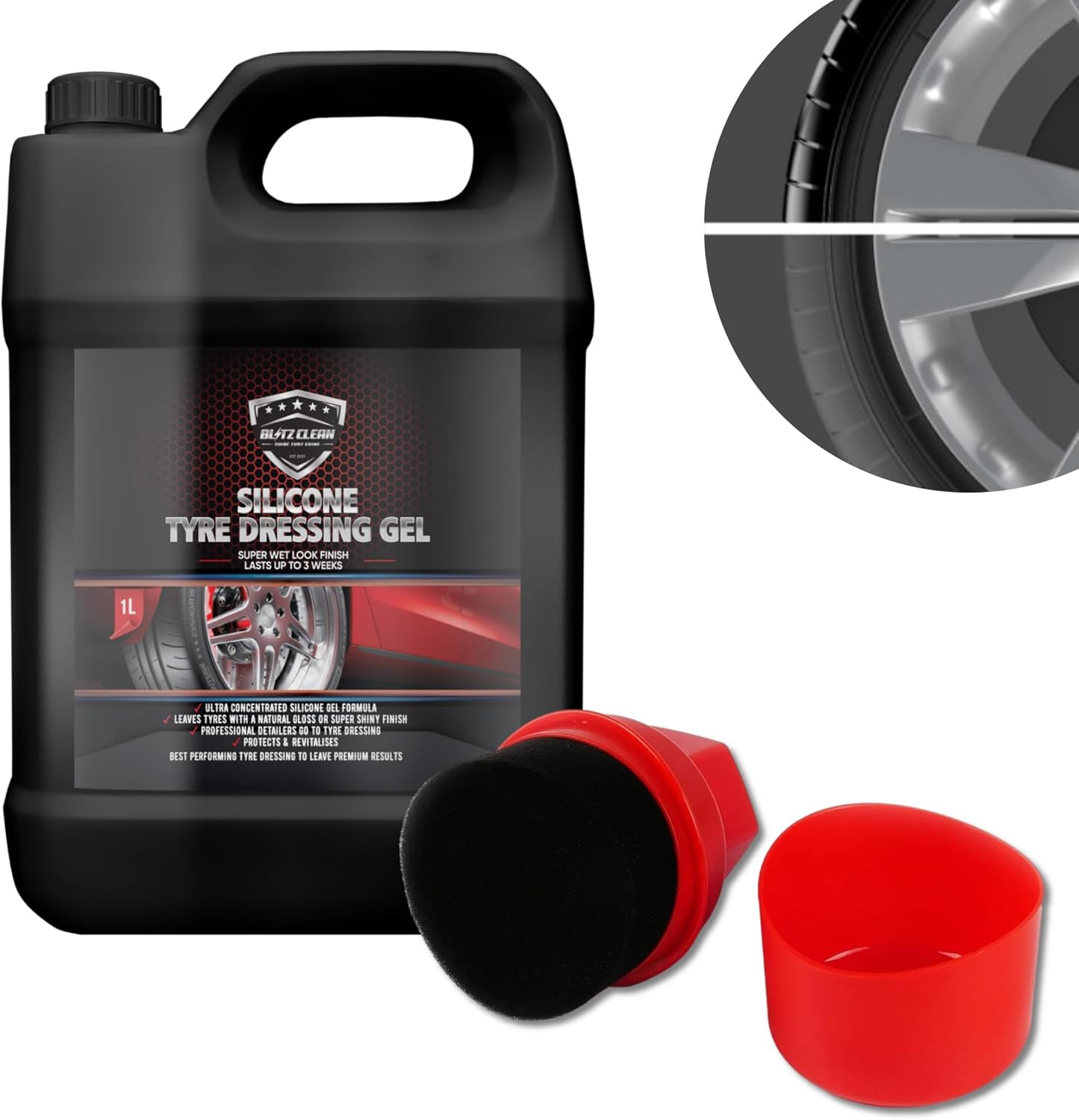 1000ml Silicone Tyre Shine & Trim Dressing Gel Kit, Tyre Black With Applicator & Integrated Pot, Super Gloss Tyre Dressing Formula, Lasts up to 3 weeks, Ultra Wet Look Finish (1 Litre Kit)