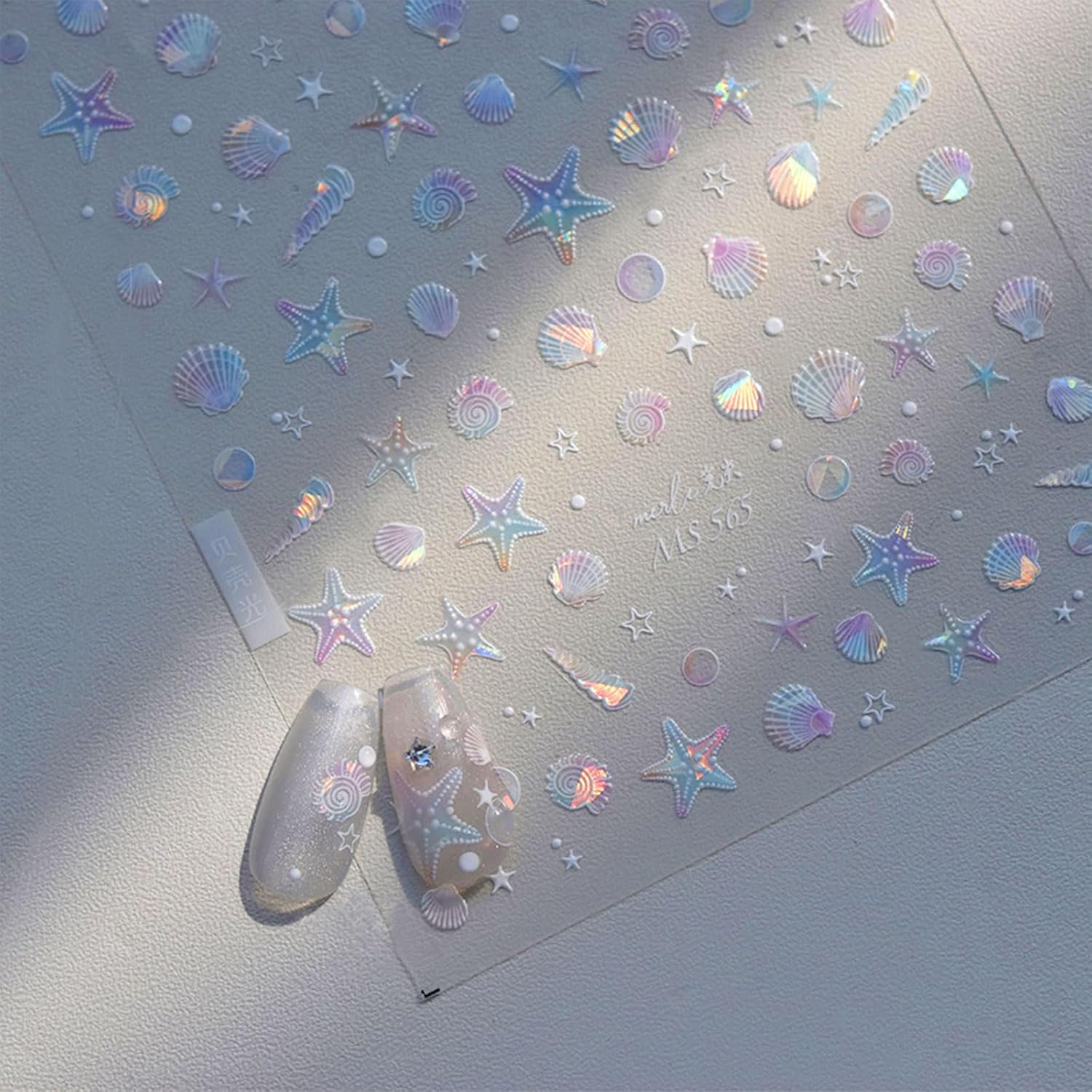 JMEOWIO 3D Embossed Aurora Seashell Starfish Nail Art Stickers Decals Self-Adhesive 5D Ocean Theme Nail Supplies Nail Art Design Decoration Accessories 1 Sheets
