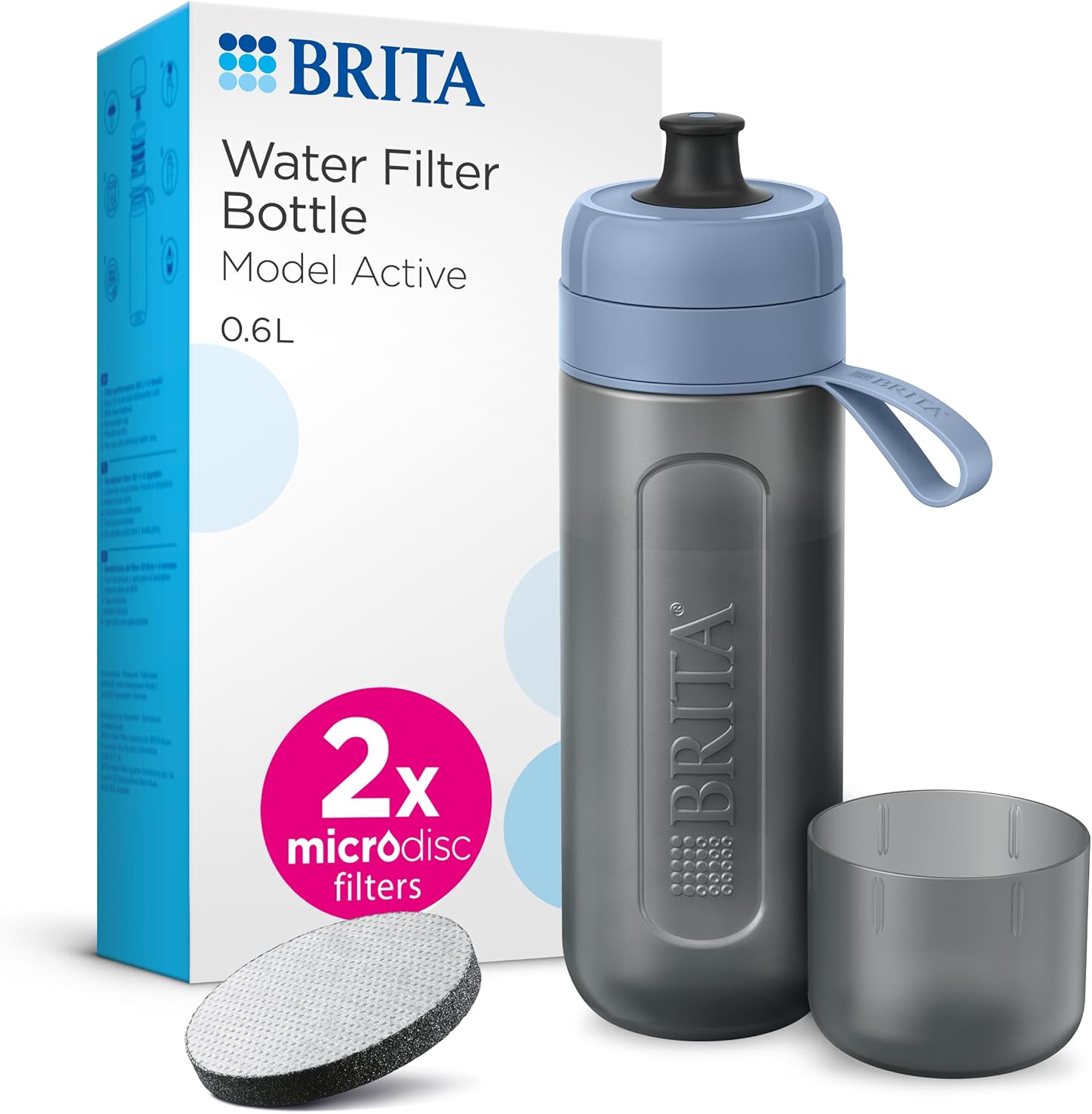 BRITA Sports Water Filter Bottle Model Active Dark Blue (600ml) incl. 2x MicroDisc Filters- squeezable BPA-free on-the-go bottle, filters chlorine, organic impurities, hormones & pesticides