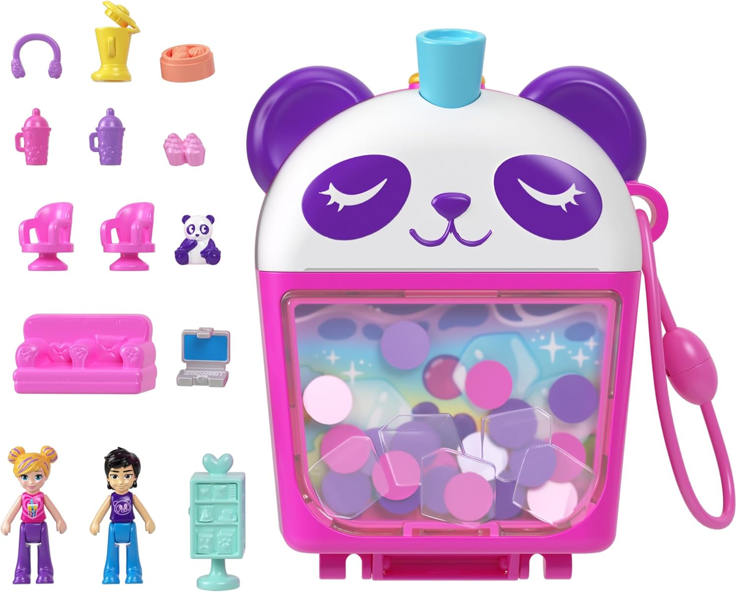 Polly Pocket Playset with 2 Micro Dolls & Food Accessories, Bubble Tea Panda Compact Animal Toy, HWN95
