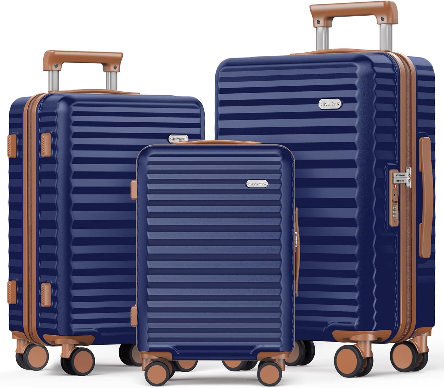 SHOWKOO Suitcase Sets 3 Piece Lightweight Hardshell 100% PC Expandable Carry on Travel Hand Luggage with Double Spinner Wheels & TSA Lock, Deep Blue