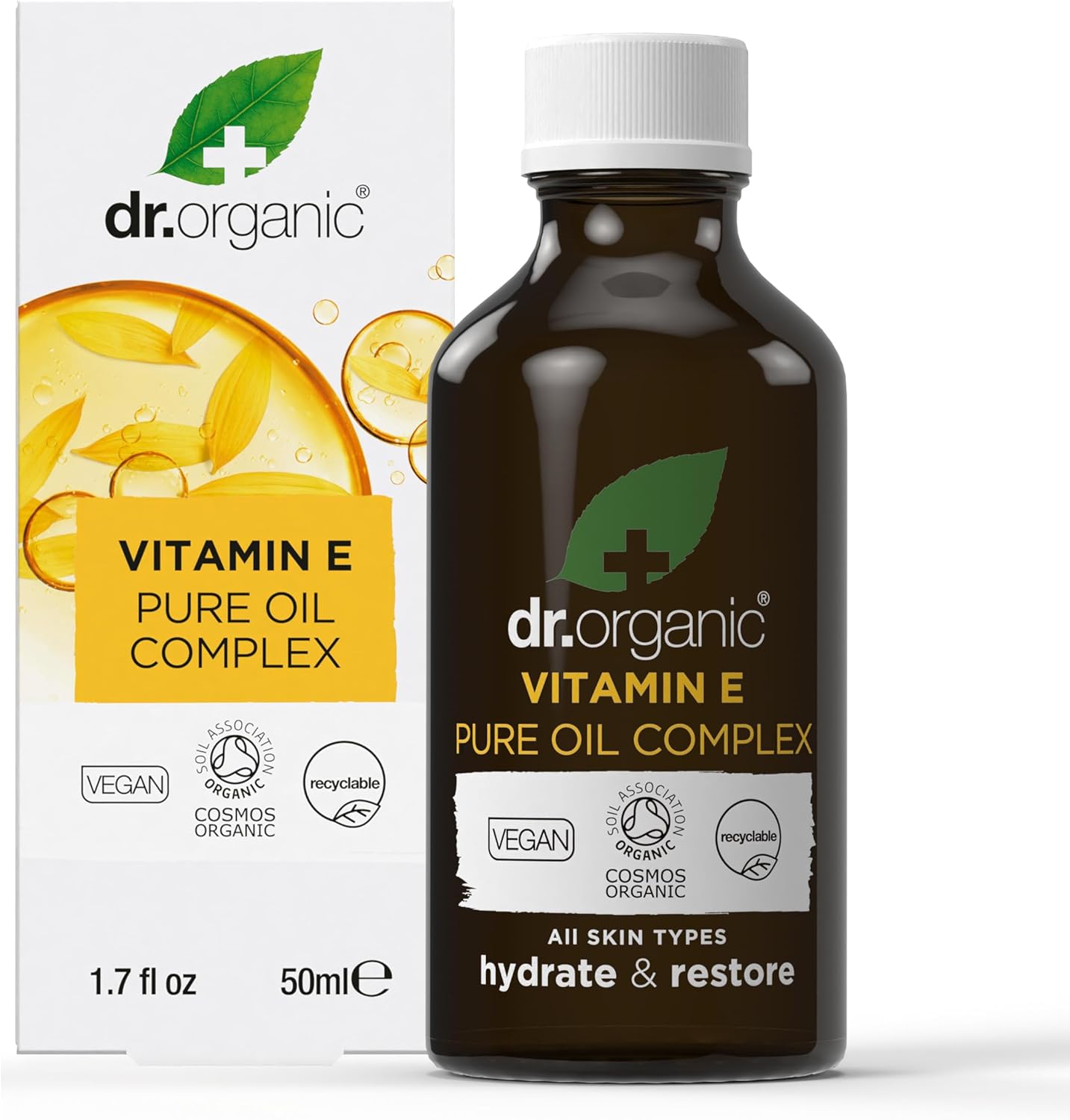 Dr. Organic Vitamin E Pure Oil Complex | Nourishes and Protects Skin, Enhances Elasticity, Natural, Certified Organic, Paraben & SLS-Free, 50 mL / 1.7 fl oz