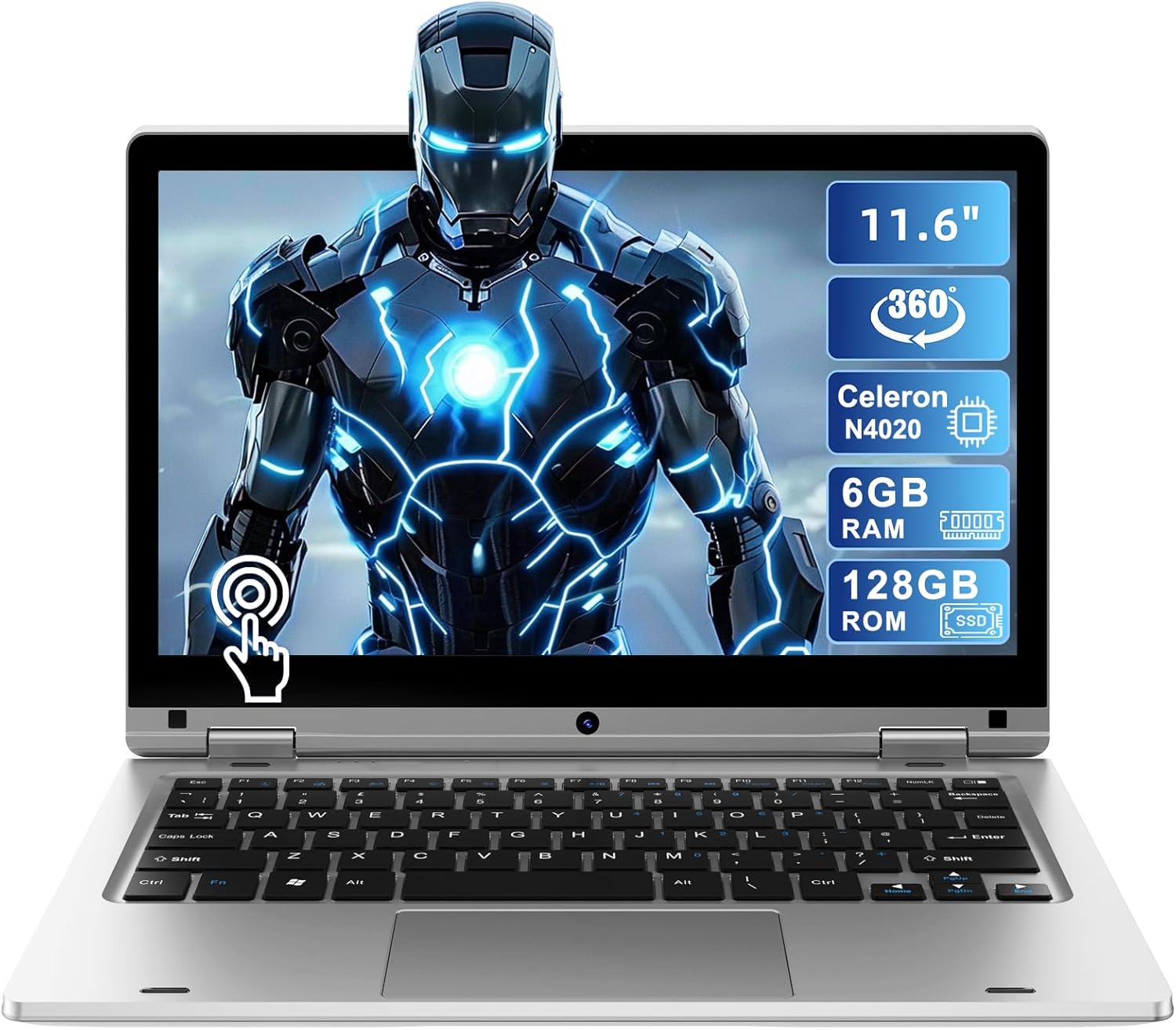 11.6'' Laptop PC Celeron N4020 6GB RAM 128GB SSD, 360° Foldable Design Touchscreen Laptop Computer, 2.4G/5G Dual Band WiFi, Bluetooth 4.2, HDMI, W 11 Pro, Support 256GB SD Card Expansion - Silver