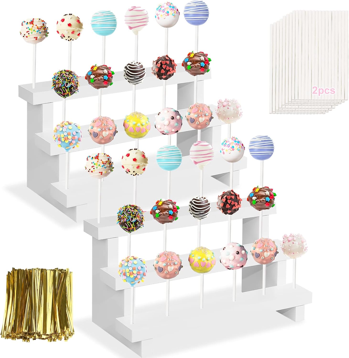 KHayRovies 2Pcs Wood Cake Pop Stand, White Lollipop Holder 3 Tier with Twist Ties Lollipop Sticks, 17 Holes Sucker Display Riser for Dessert Table of Wedding Birthday Party