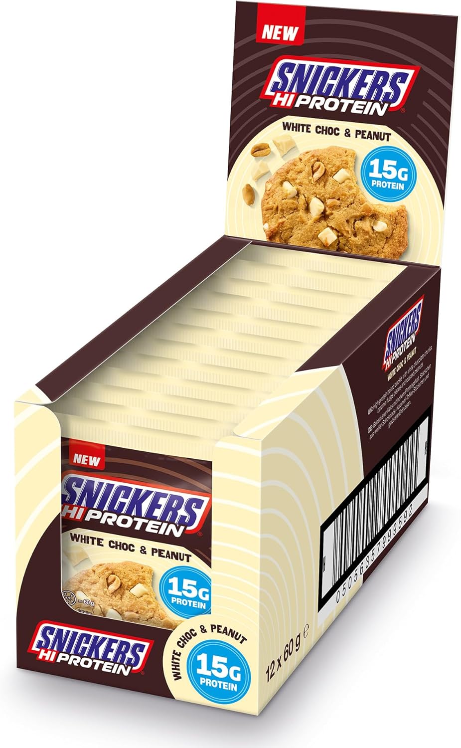 Snickers White Chocolate Peanut Baked Protein Cookie (12 x 60g), Hi-Protein Energy Snack, 15g Protein, Vegetarian