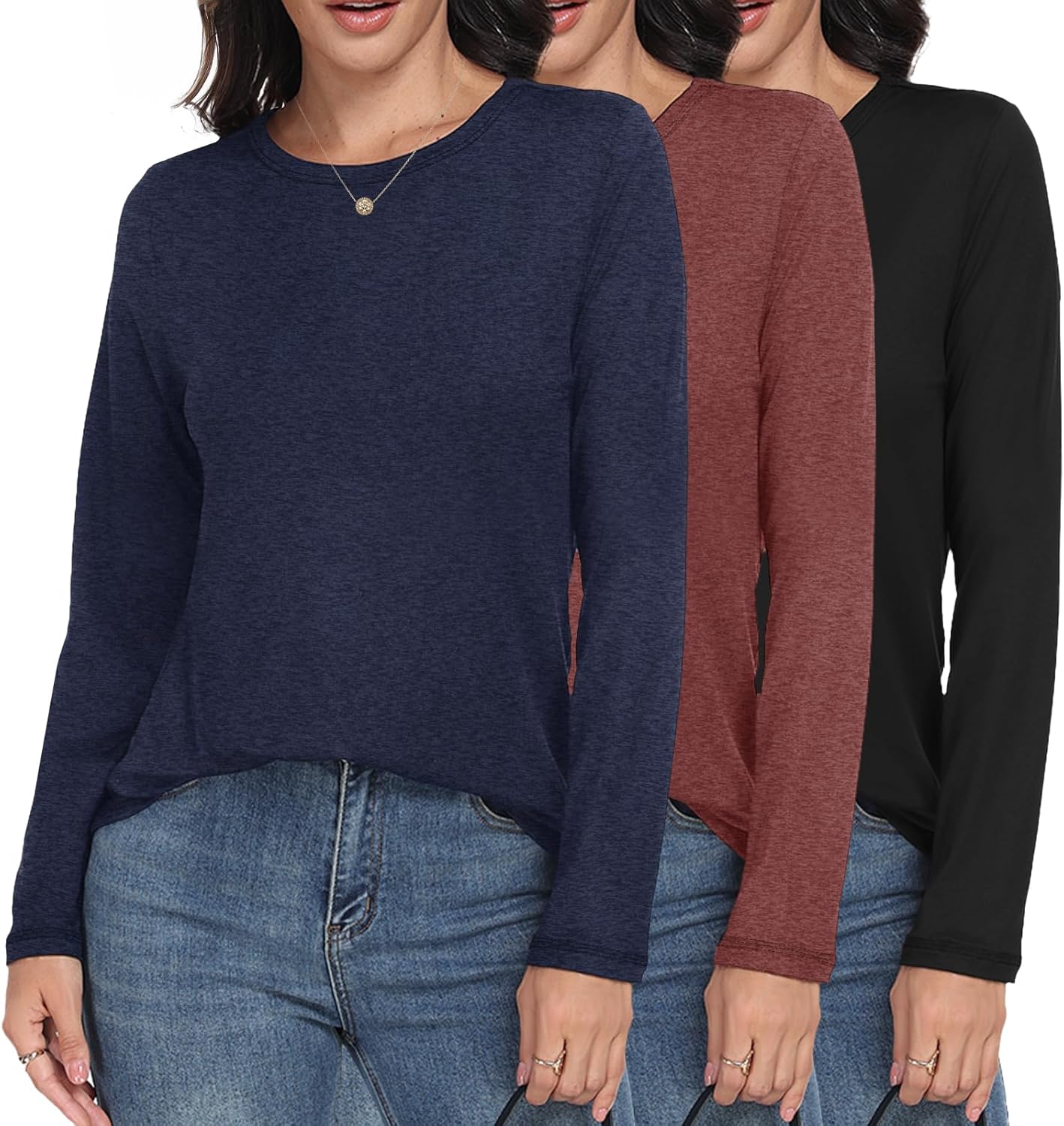 GAYHAY 3 Pack Long Sleeve Shirts for Women - Loose Fit Crew Neck Basic Tees Fall Tops Outfits Casual Clothes 2025