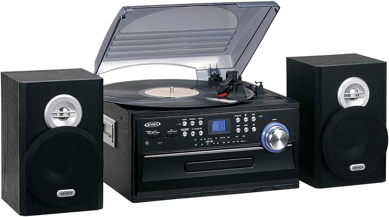 JENSEN JTA-475B 3-Speed Stereo Turntable with CD System, Cassette, and AM/FM Stereo Radio