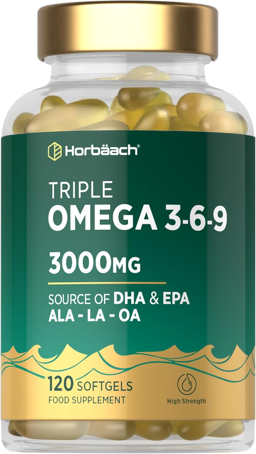 Triple Omega 3 6 9 Capsules 3000mg ALA, LA & OA | 120 Count | High Strength EPA & DHA Essential Fatty Acids | Supplement with Fish Oil, Flaxseed & Sunflower Oil | by Horbaach
