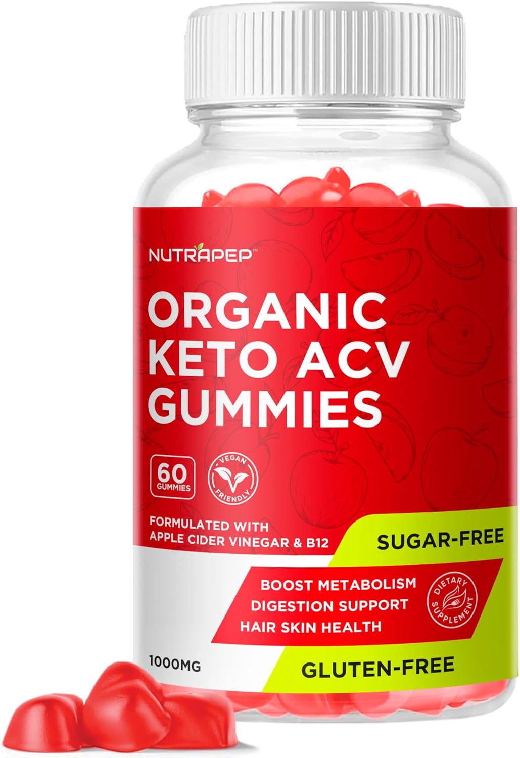Organic Keto ACV Gummies - Gluten-Free & Sugar-Free Apple Cider Vinegar Supplement for Women Men (1000MG)