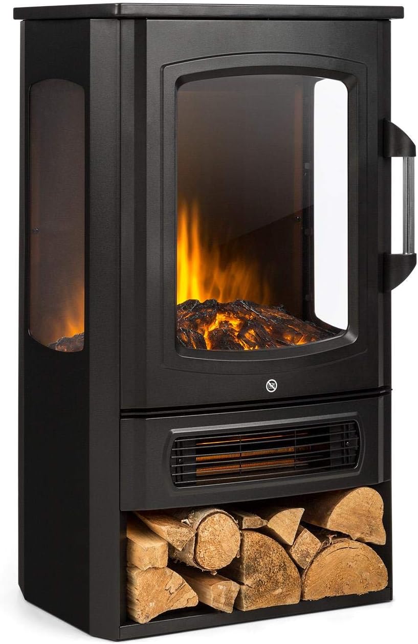 Klarstein Electric Fireplace, Electric Log Burner Indoor, 2000W Electric Fire Free Standing Flame Electric Fire Place with LED Flame Effect, Fake Fireplace, Remote Control, Adjustable Thermostat Timer