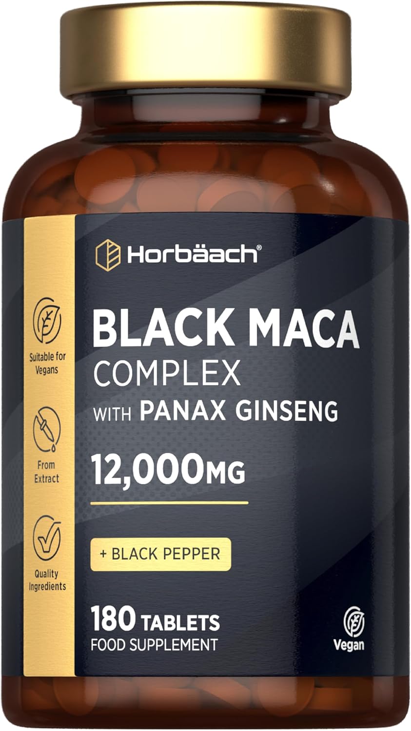 Black Maca Root 12,000mg (High Strength) | Complex with Black Maca, Panax Ginseng, Yellow Maca & Black Pepper | 180 Vegan Tablets | by Horbaach