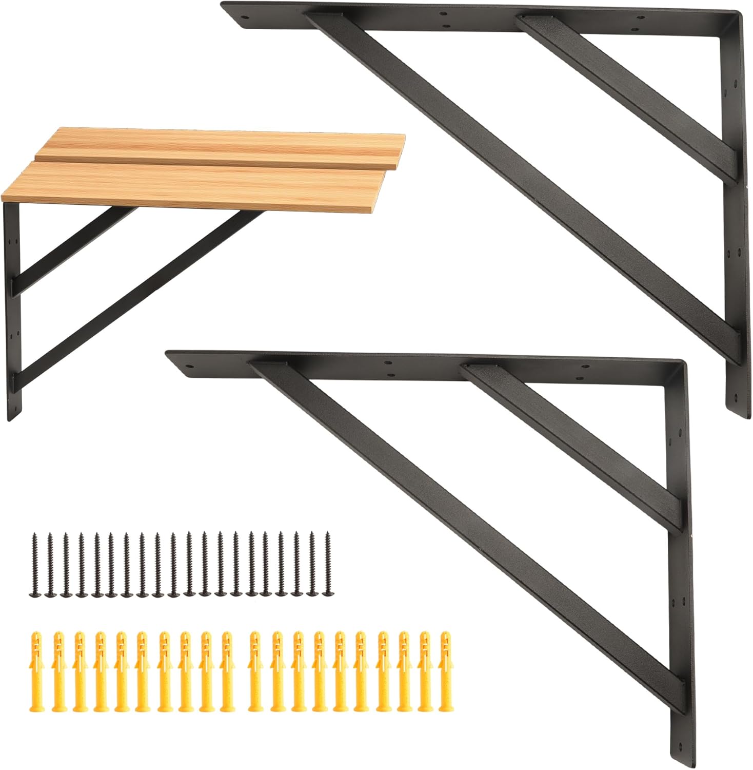 2Pcs Countertop Support Brackets - Black Heavy Duty Shelf Brackets, Floating Shelf Bracket, 16"x12"x2" L Bracket with Screws & Expansion Tubes for Benches, Fireplace, Kitchen Shelves