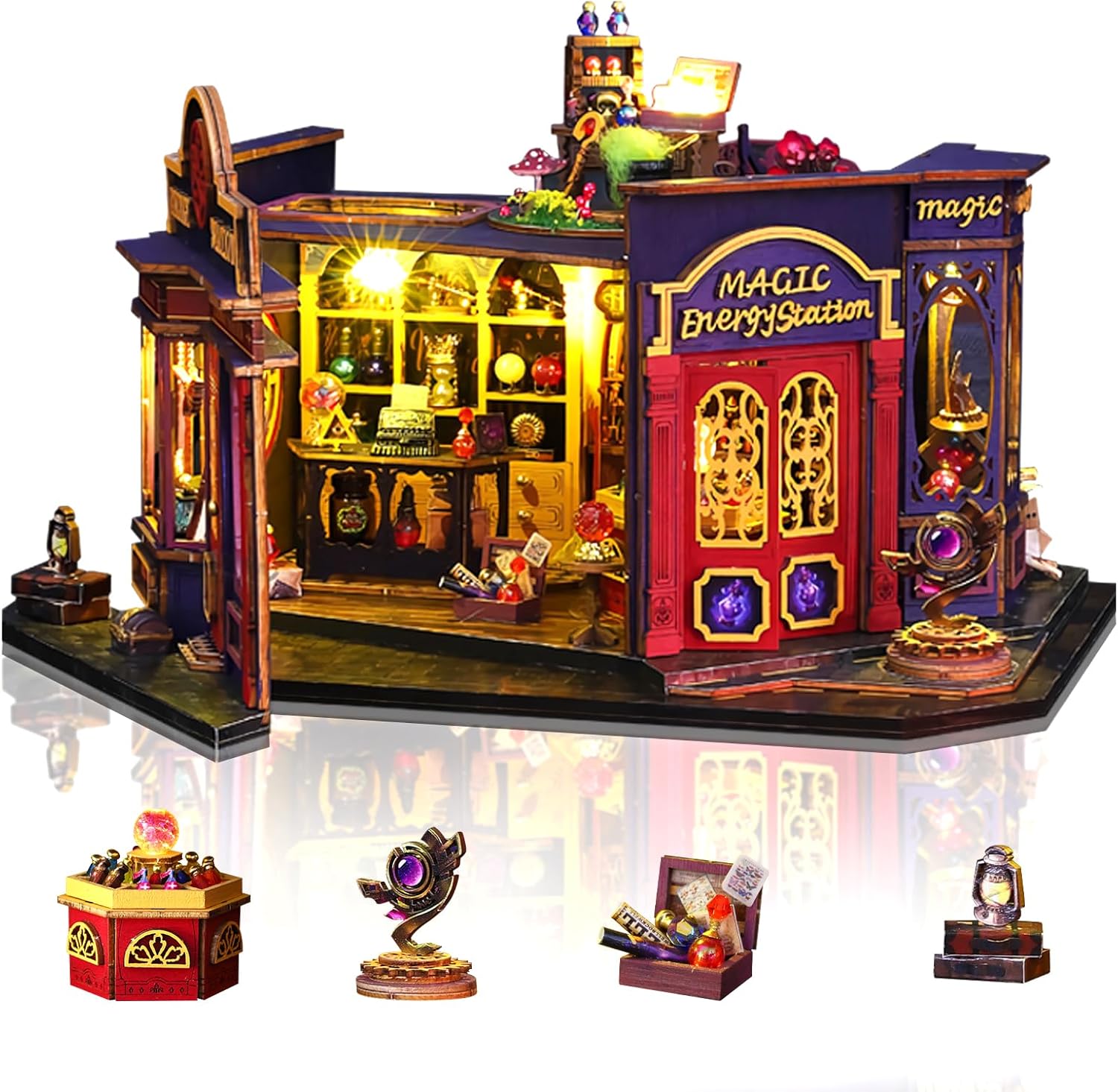 Cuteefun DIY Miniature Dollhouse Kit, Double Door Spread Design with LED Light, Wooden Handmade Crafts for Adults Teen, Make Your Own Dream House Model (Magic Energy Station)