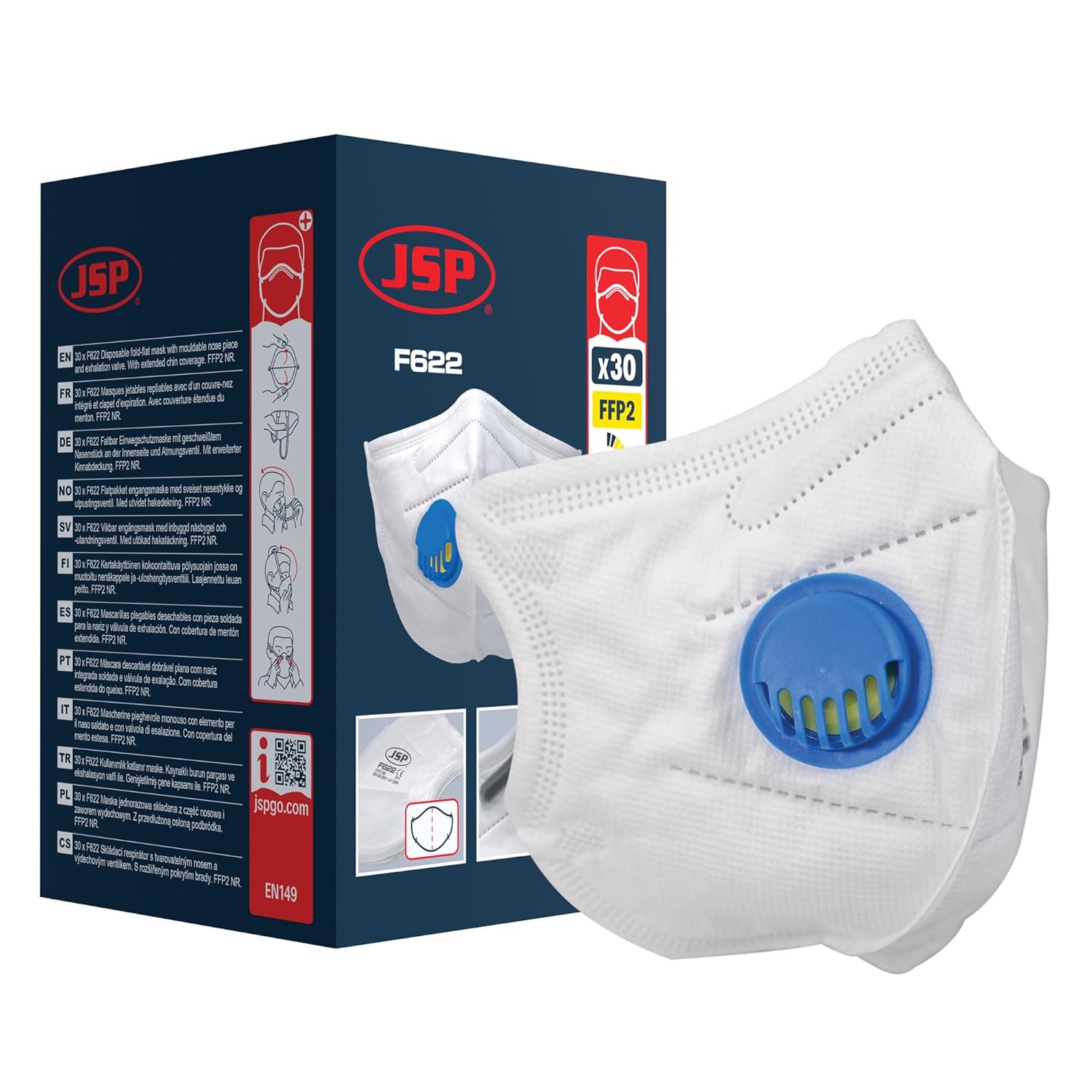 JSP Safety Disposable Vertical Fold Flatmask FFP2V (F622) Box of 30 (BGW170-000-S00), one size