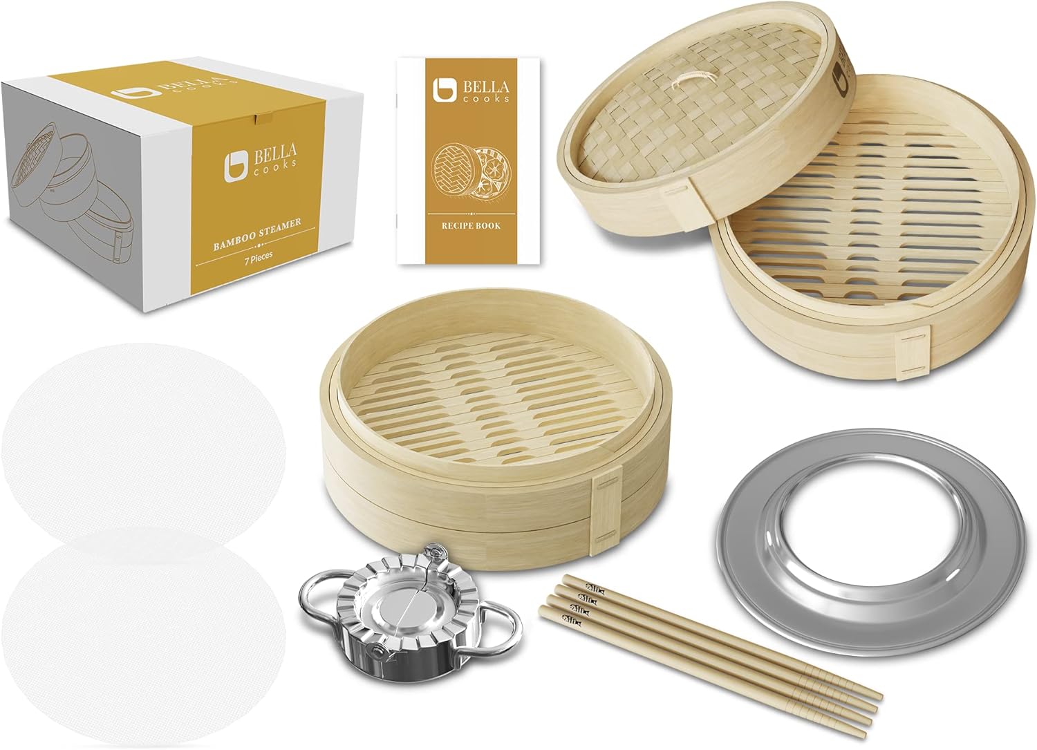 Bamboo Steamer for Cooking - Steamer Basket with a Ring - Fits every Pan & Pot - Dumpling Steamer - Incl. Extra Chopsticks & Silicone Liners