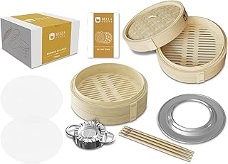 Bamboo Steamer for Cooking - Steamer Basket with a Ring - Fits every Pan & Pot - Dumpling Steamer - Incl. Extra Chopsticks & Silicone Liners