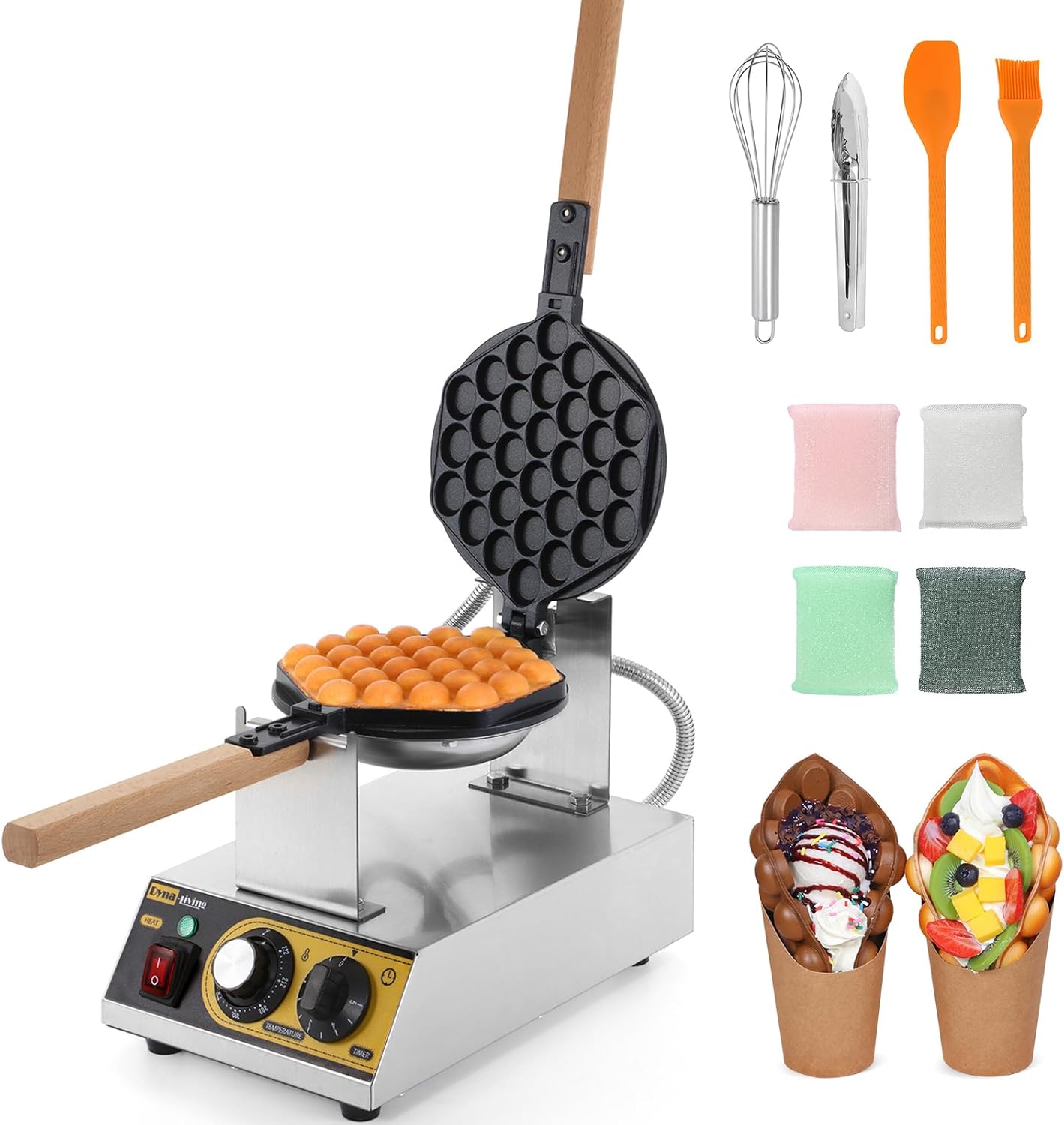 Dyna-Living Bubble Waffle Maker Commercial Bubble Waffle Iron 1400W Electric Stainless Steel Waffle Maker Hong Kong, Egg Puff Waffle Iron Machine Restaurant, 180° Rotating, Non-stick Coating