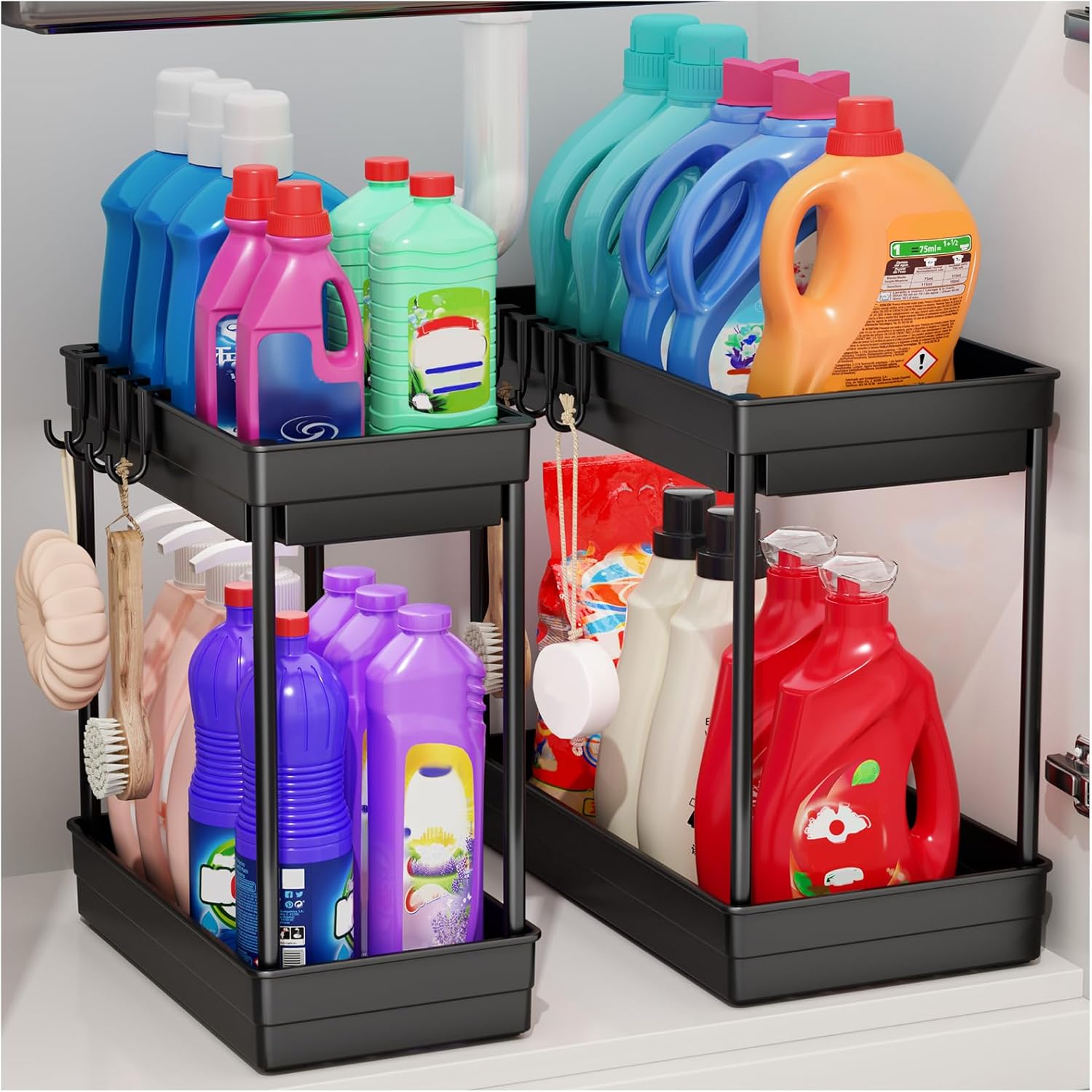 PurKeep 2 Pack Under Sink Storage - 2 Tier Kitchen Storage and Organisation Cupboard Organiser, Under Sink Shelf, Under Cabinet Organizer with Hooks, for Bathroom Kitchen Countertop, 2 Size 1L+1M