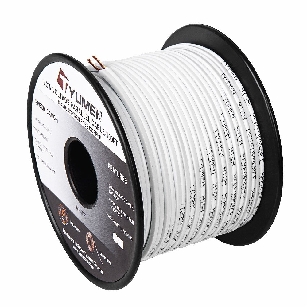 TYUMEN 18 Gauge OFC 2 Conductor Parallel Stranded Wire - 18 AWG Gauge Speaker Zip Wire Car Home Audio Cable Electrical Wire (100 Feet Spool/31 Meters/White) 99.95% Oxygen Free Copper Wire