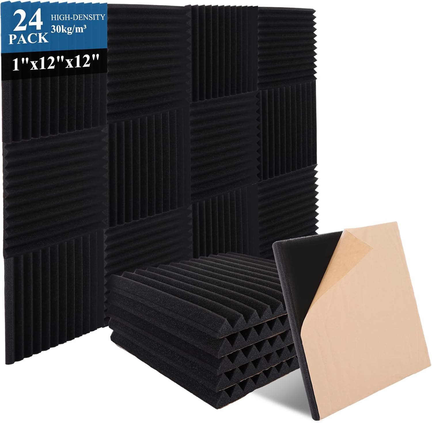 SHUESS 24 Pack Sound Proofing Panels - 12" X 12" X 1" Wedges Acoustic Foam Panels Self Adhesive - High Density Black Sound Proof Panels for Walls - Acoustic Panels for Recording, Studios, Gaming Room