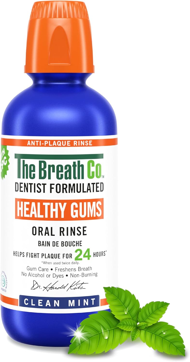 The Breath Co. Healthy Gums Mouthwash, Dentist Formulated Oral Rinse for 24 Hours of Plaque Control with Anti-Microbial Ingredient, Alcohol Free, Non-Burning, 500ml