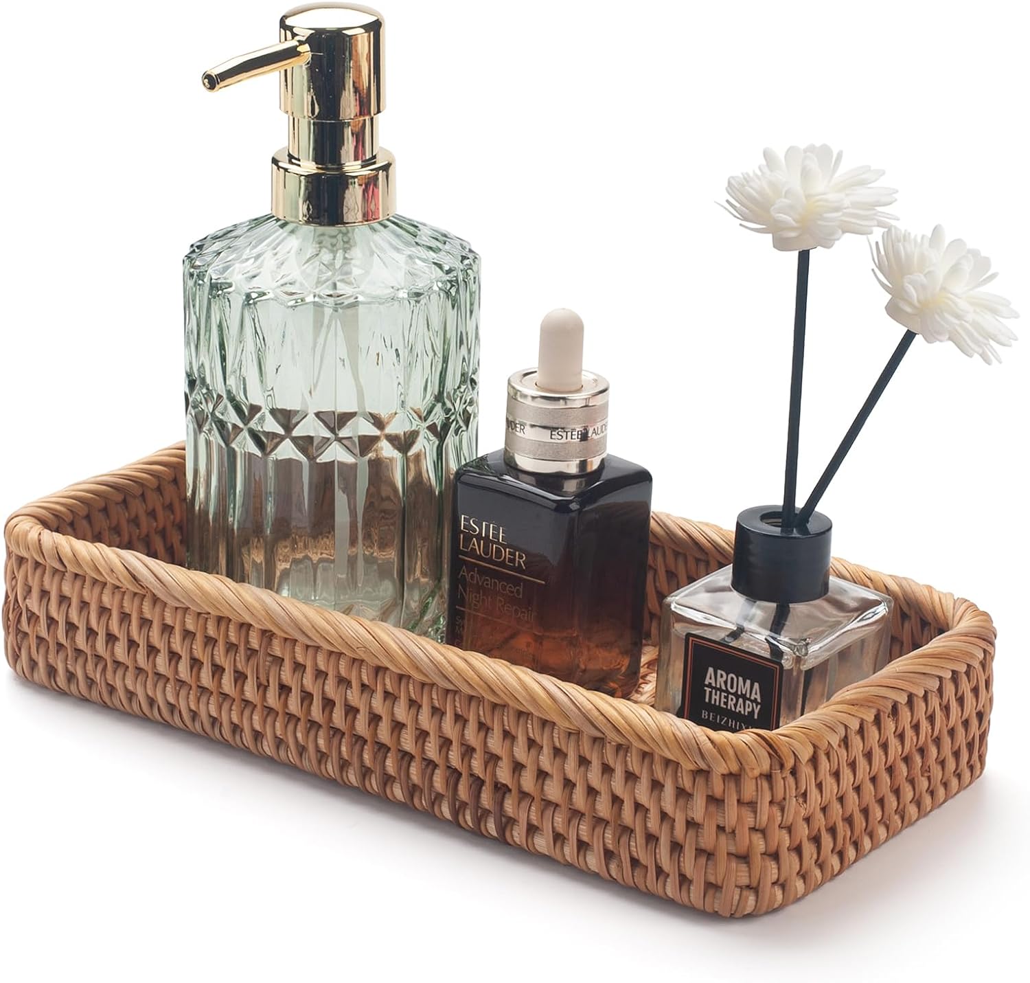 Rattan Bathroom Vanity Trays Toilet Tank Baskets Long Narrow Hand Towel Storage Basket for Storage, Decorative (Natural 10.2 x 4.9 x 1.8 inch)