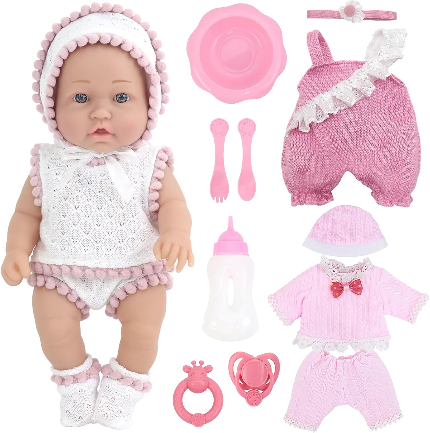 K.T. Fancy 14 Pcs 12 Inch Baby Doll with Washable Doll Clothes and Accessories, Cute Blue Eyes Baby Doll with Stylish Doll Onesie, First Baby Dolls for Toddlers 36 Months and Up