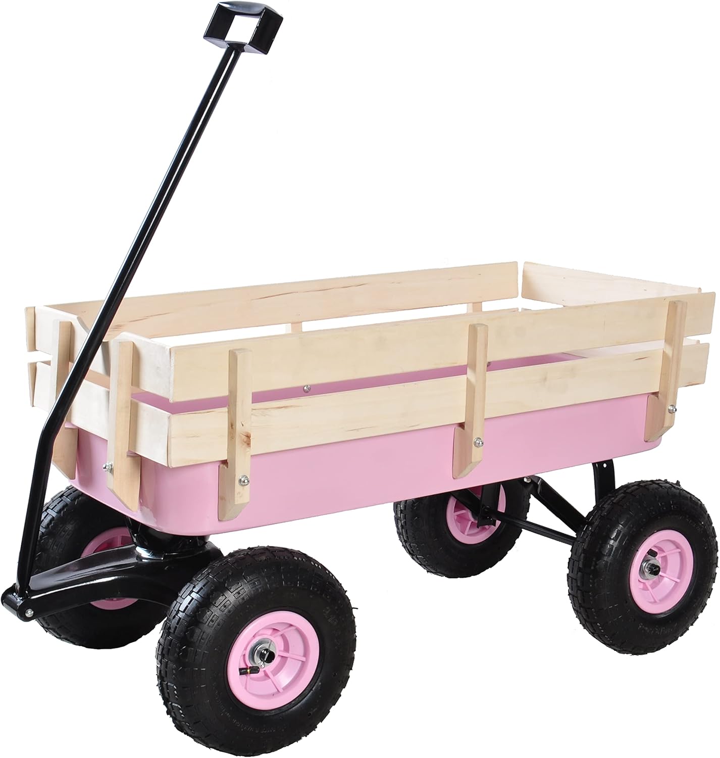 Petfu Outdoor Wagon,Garden Carts,Garden Wagon,All Terrain Pulling,Air Tires,for Children Kid,with Wood Railing,All Steel Wagon Bed,for Outdoor Farm Yard Garden,39.37" L*19.3" W*20.28" H,Pink