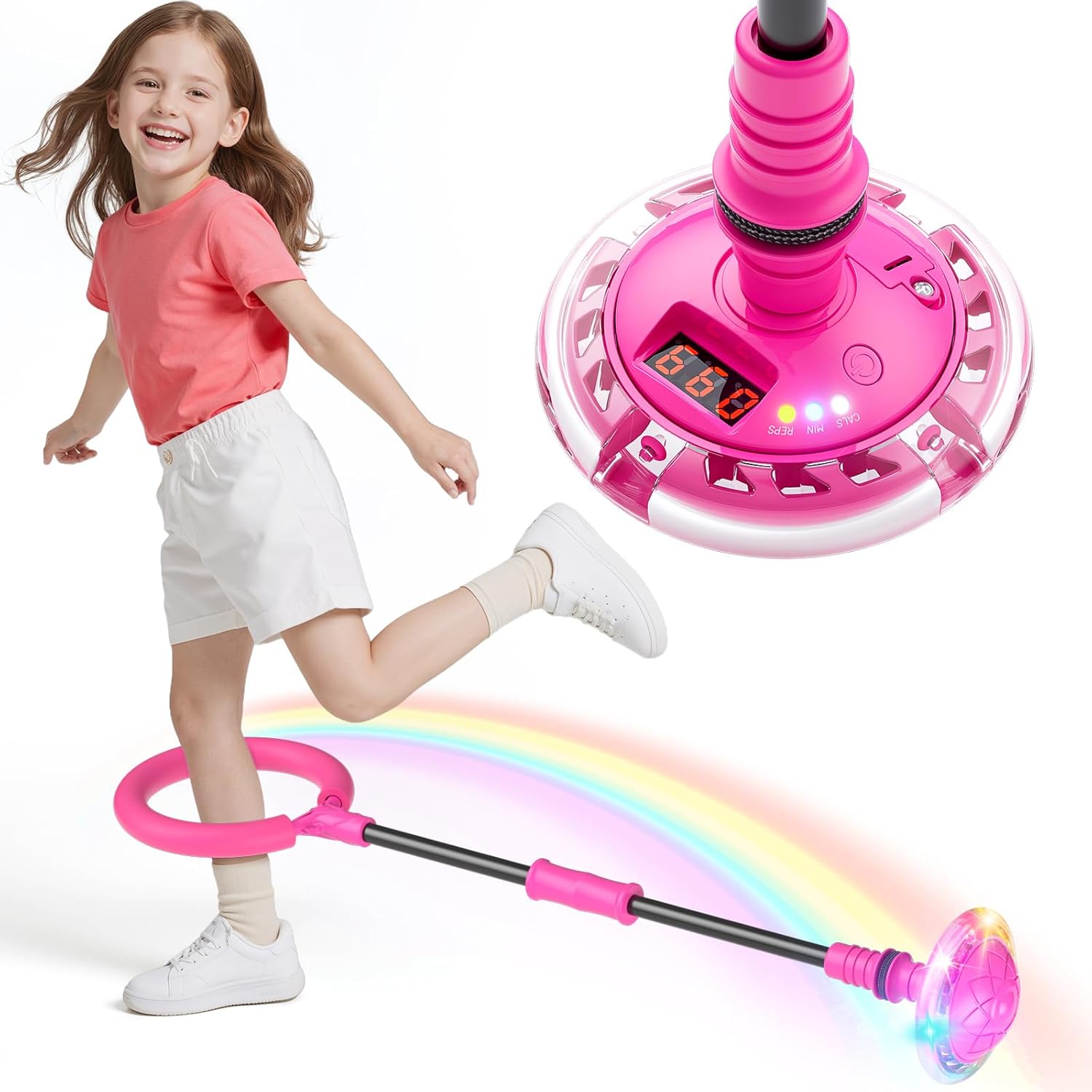HopeRock Skip Ball Toy for Girls Ages 6-10,Girl Birthday Gifts,3 Fun Modes,Flashing Light-Up Wheel,LED Digital Counter,Replaceable Battery,Girl Birthday Gifts for Age 6-10+,Fun Outdoor Girl Toys-Pink