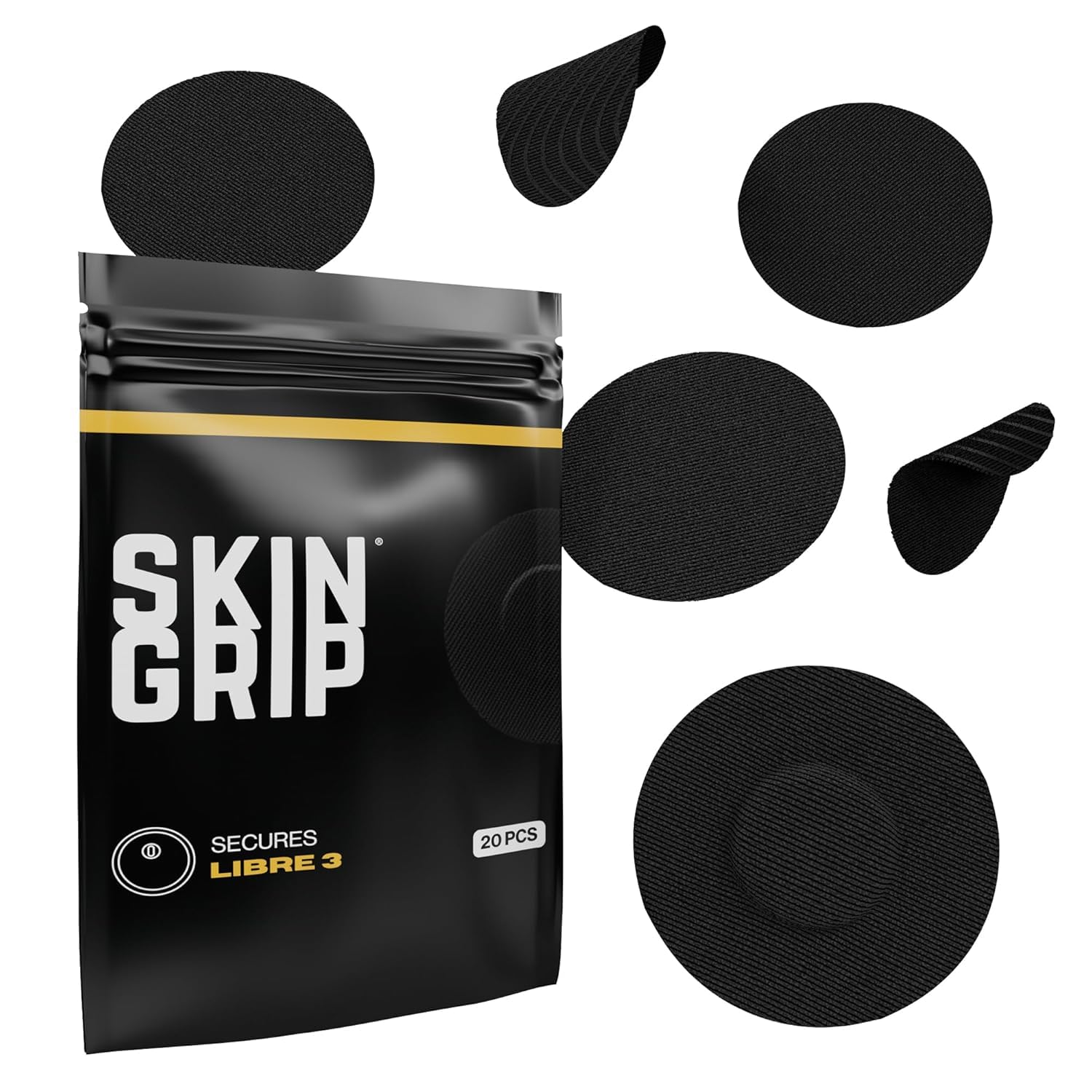 Skin Grip Freestyle Libre 3 Sensor Covers- Waterproof & Sweatproof Adhesive Patches for 10-15 Days (Not for Libre2), Pre-Cut Continuous Glucose Monitor Diabetic Sensors Cover - 20 Pack, Black