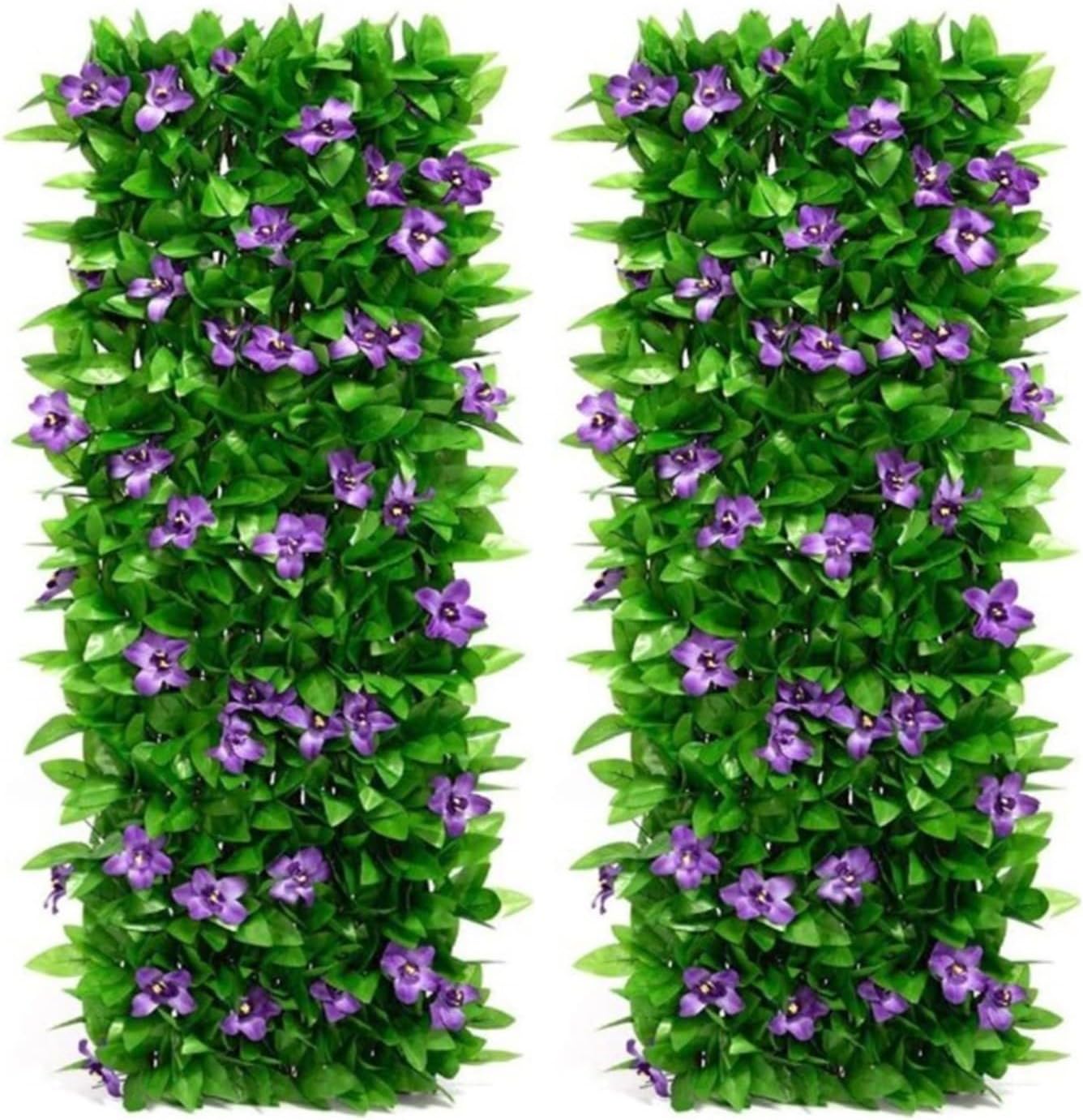 HomeVortex Expandable Artificial Fence (2 PCS) - Willow Wood & PVC, Purple Flowers & Green Leaves - Garden Style - Outdoor Fence