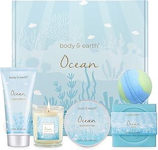 Gifts for Women, Bath and Body Gift Set for Women with 5 Pcs Ocean Scented Spa Gifts for Women, Bath Sets Includes Scented Candle, Body Butter, Hand Cream, Bath Bomb, Bath Christmas Gifts for Women
