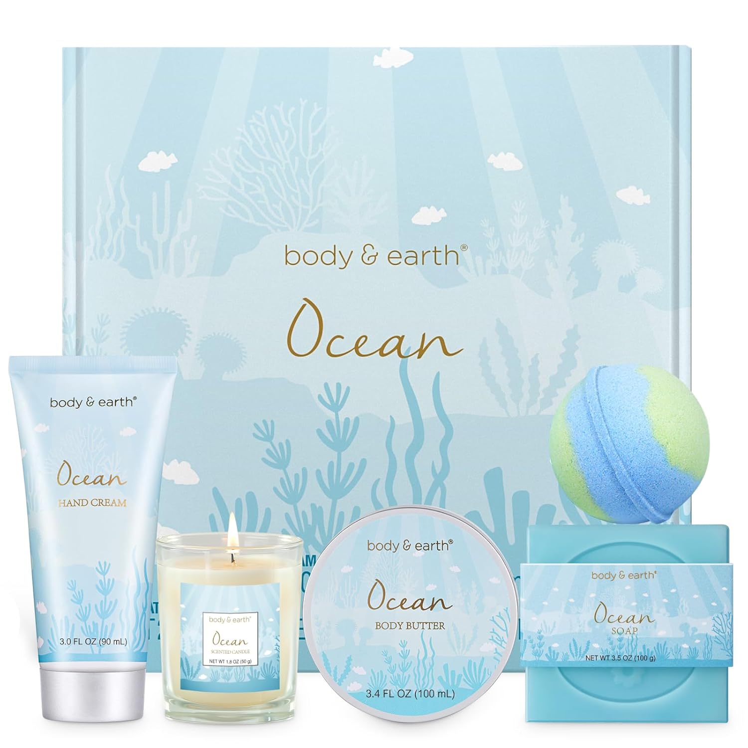 Gifts for Women, Bath and Body Gift Set for Women with 5 Pcs Ocean Scented Spa Gifts for Women, Bath Sets Includes Scented Candle, Body Butter, Hand Cream, Bath Bomb, Bath Christmas Gifts for Women