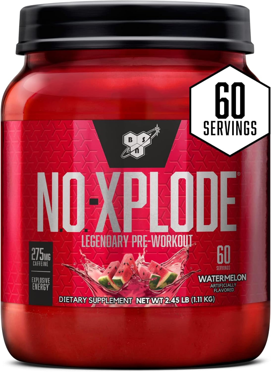 BSN N.O.-XPLODE Pre Workout Powder, Energy Supplement for Men and Women with Creatine and Beta-Alanine, Watermelon, 60 Servings, 2.45 Pound (Packaging May Vary)