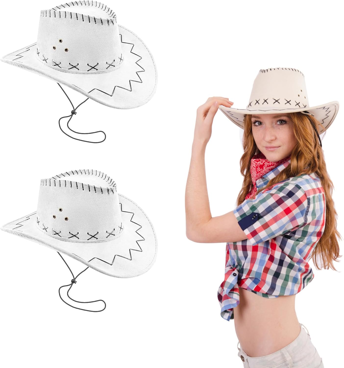 Lizzy 2 x Adult Cowboy Hat Faux Suede Material with Cross Hatch Stitching Detail Wild West Western Sheriff Mens Womens hat Halloween Cow Girl Hats Costume for Fancy Dress Accessories