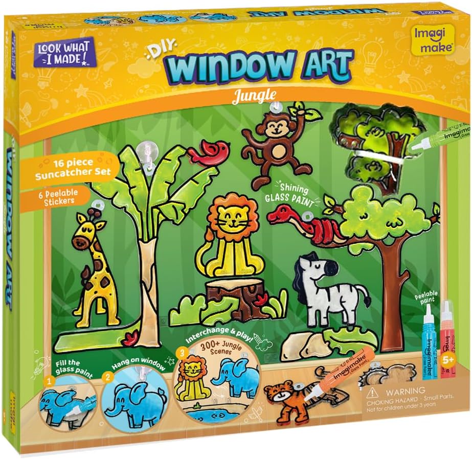 Imagimake Window Art Jungle | 16-Piece Glass Paint & Suncatcher Kit | Craft & Discover Animals | Birthday Gifts for Boys & Girls Ages 5-12 | Arts & Crafts for Kids | 5 Year Old Boy Gifts