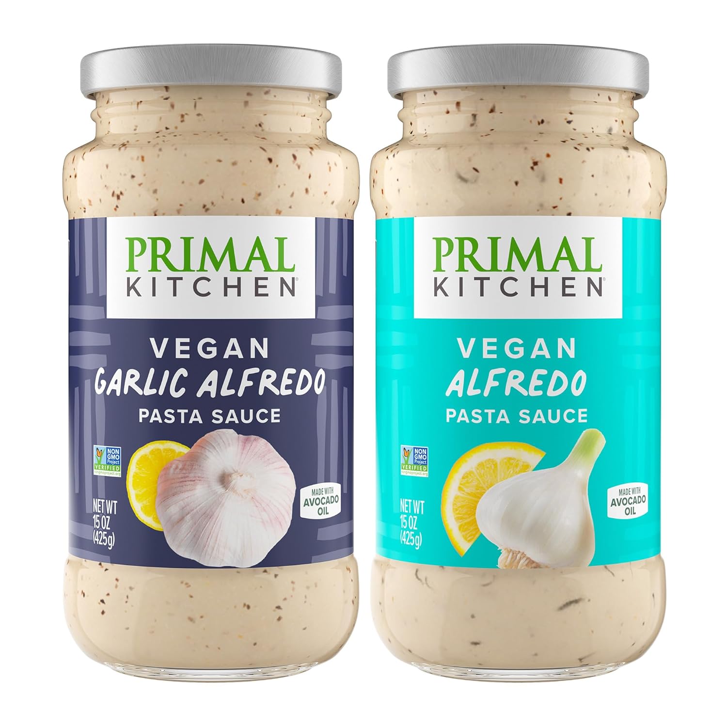 Primal Kitchen No-Dairy Alfredo Pasta Sauce 2-Pack, No Added Sugar, Includes 1 Original & 1 Garlic Alfredo Sauce