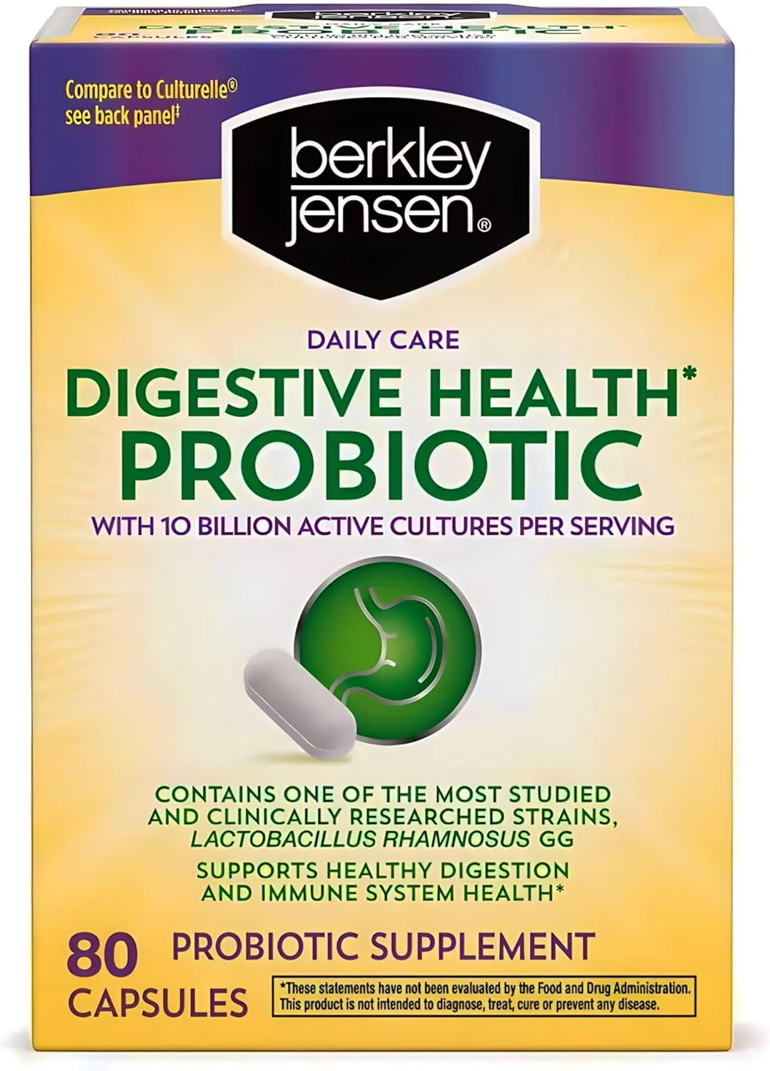 berkley jensen Daily Care Digestive Health Probiotics for Women & Men - Advanced Formula with Lactobacillus Rhamnosus GG & Lactobacillus Acidophilus - for Immune Support & Gut Health - 80 Capsules